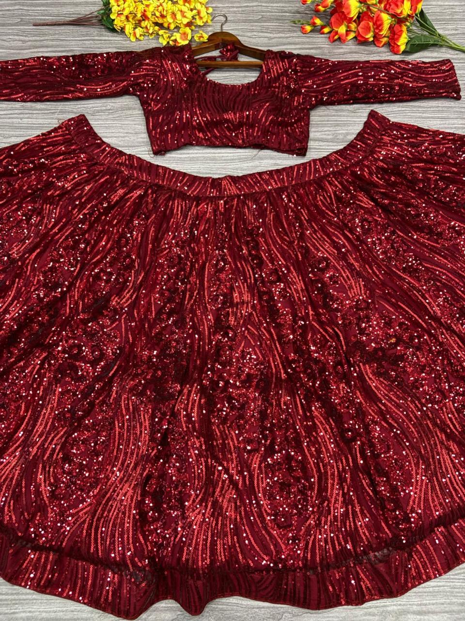 Glittering Red Bling Premium Net Lehanga