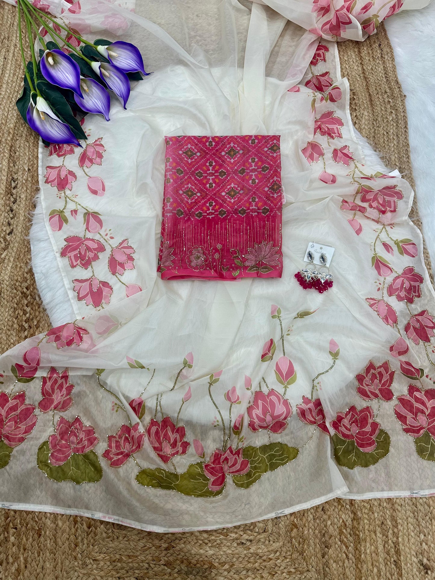 White Floral Pink Tabby Silk HandWork Saree
