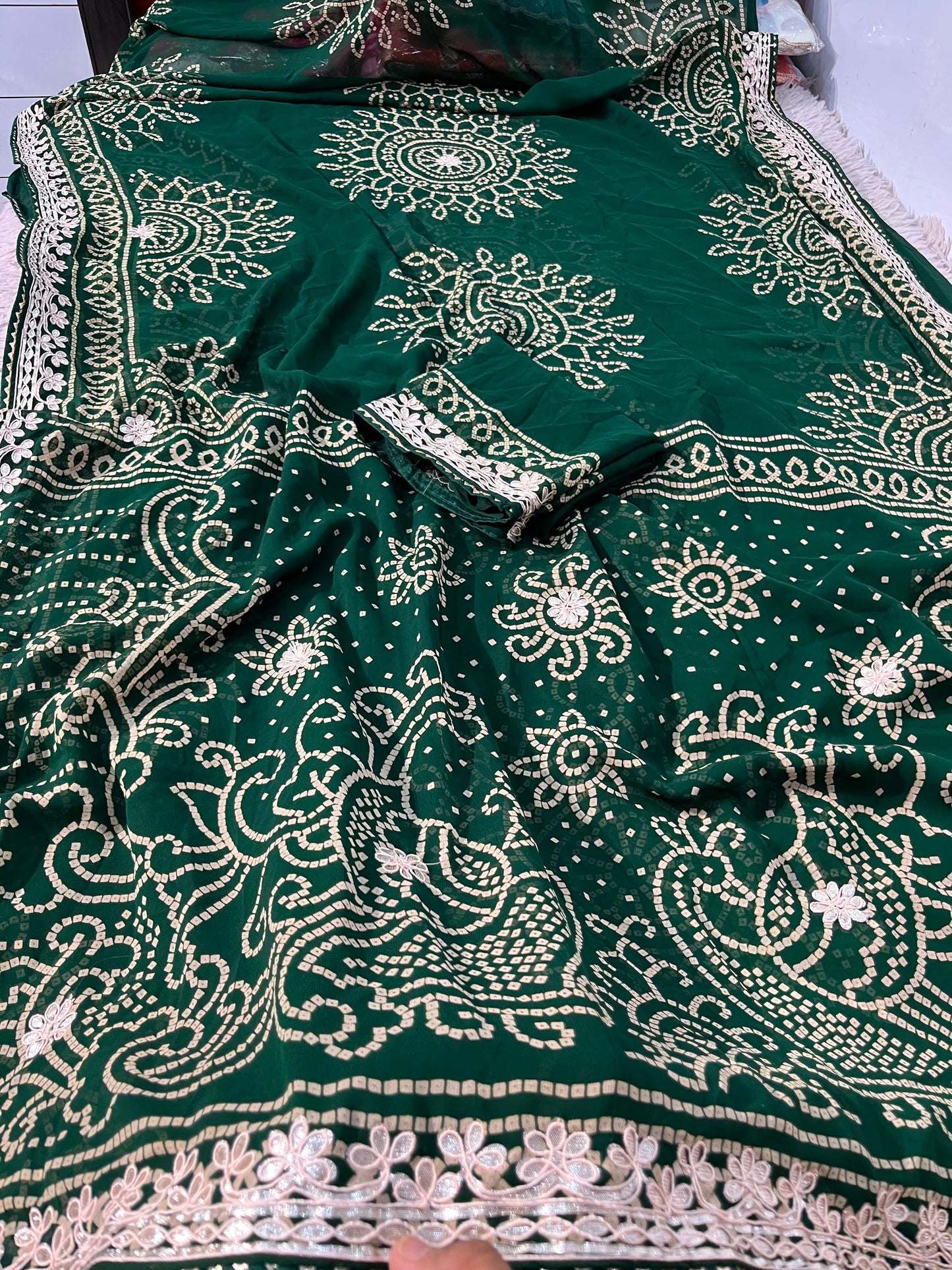 Jaipuri Gotta Patti Bottle Green Saree