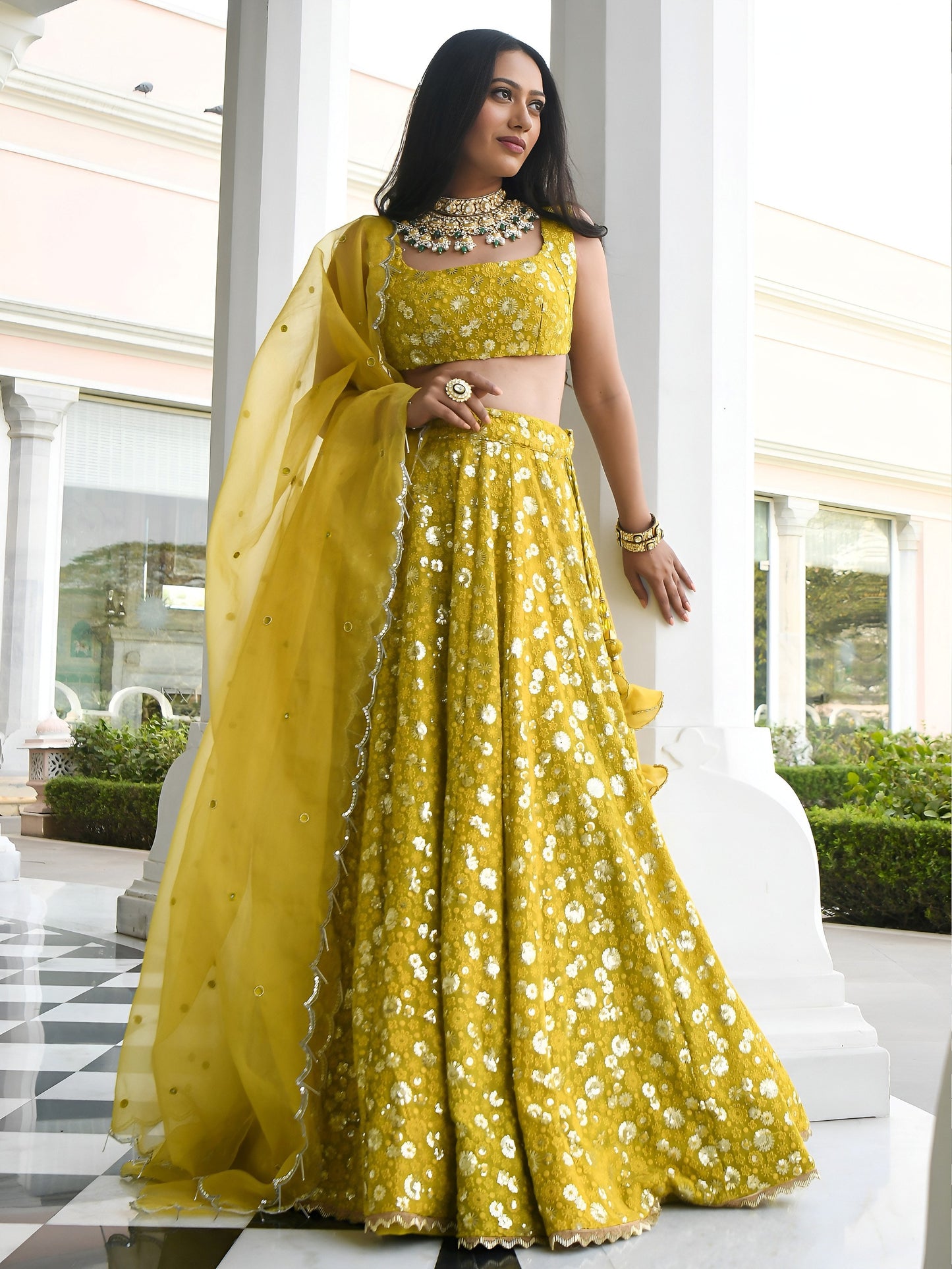 Olive Gold Floral Sparkle Lehenga