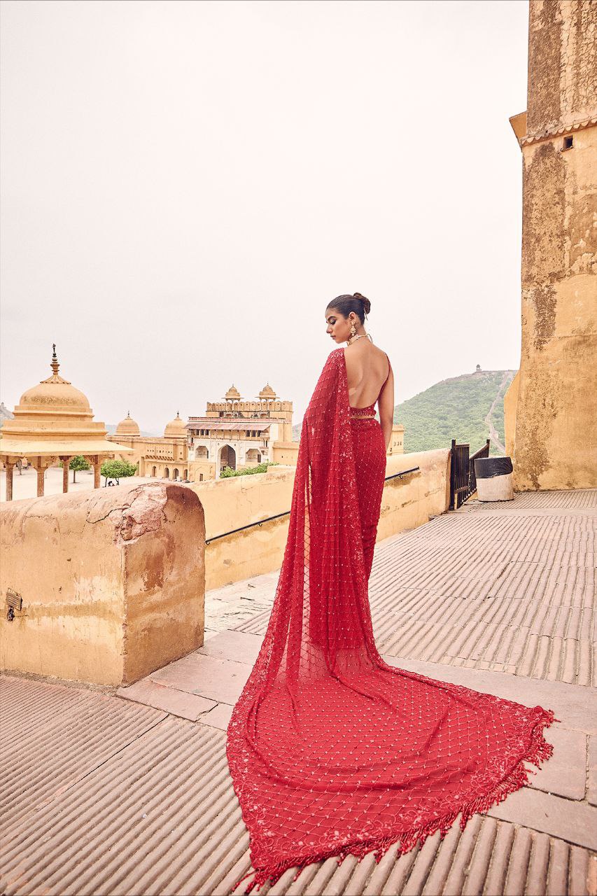 Red Hot Bling Bollywood BlockBuster Sequins Party Saree