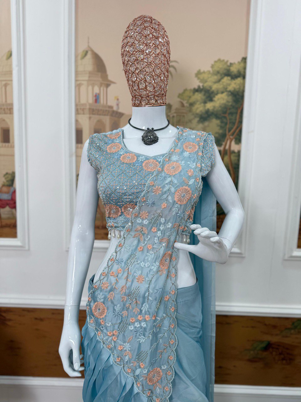 Effortless PreDraped Ready to Wear Steel Grey Blue Shade Rangoli Silk Saree