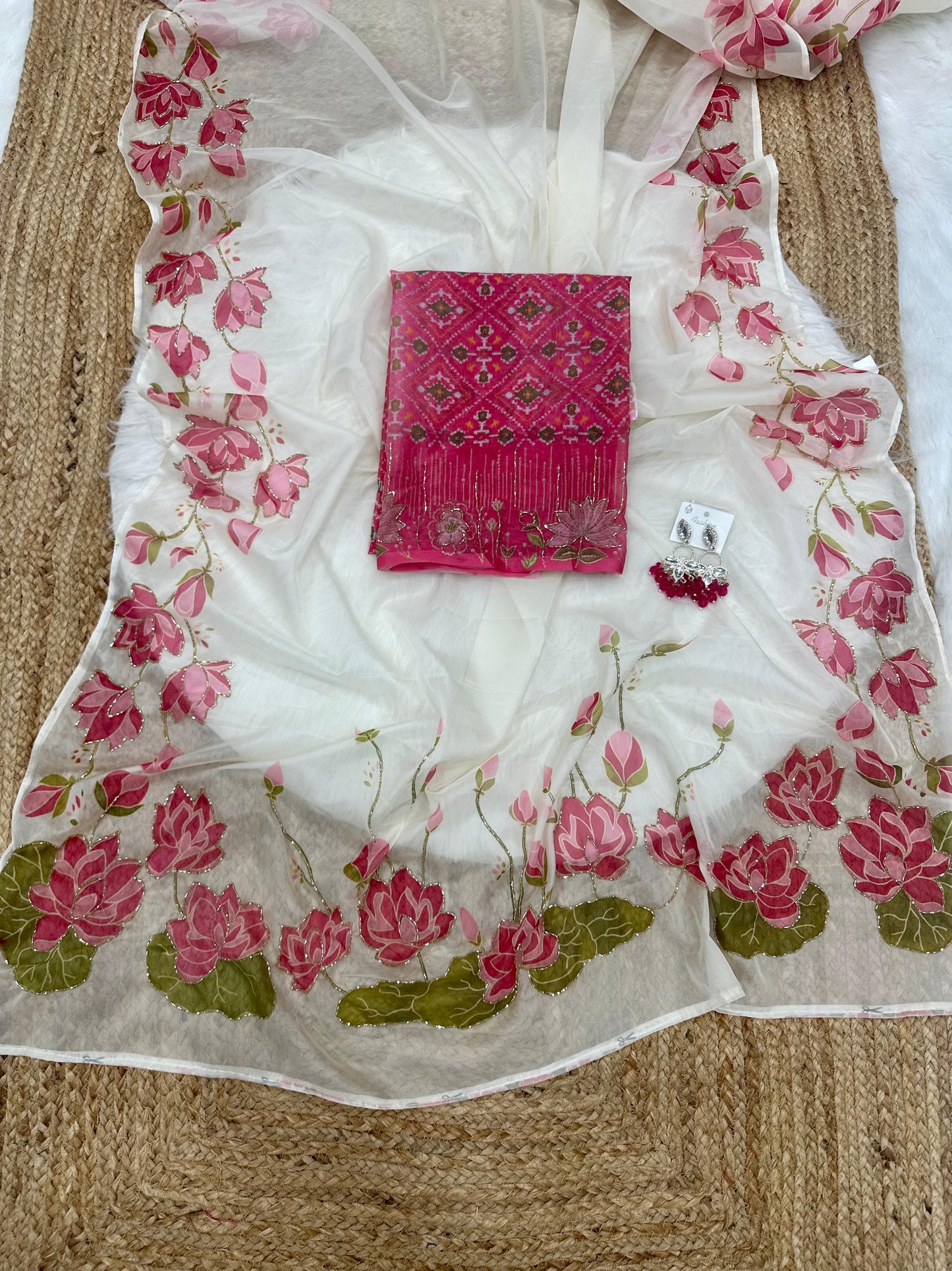 White Floral Pink Tabby Silk HandWork Saree
