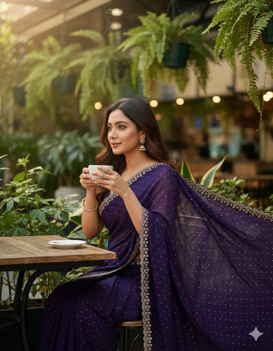 Midnight Purple Rangoli Saree with Heavy Swarvoski Embellishments