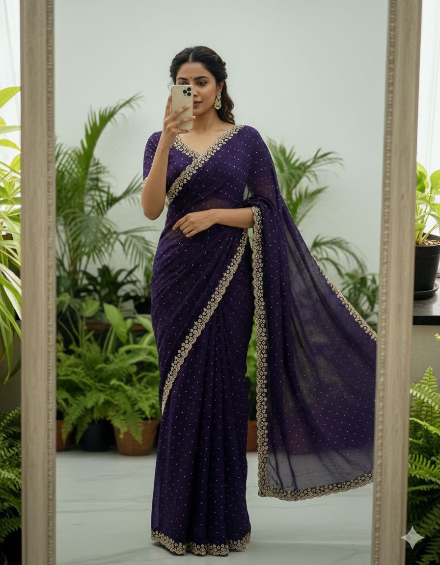 Midnight Purple Rangoli Saree with Heavy Swarvoski Embellishments