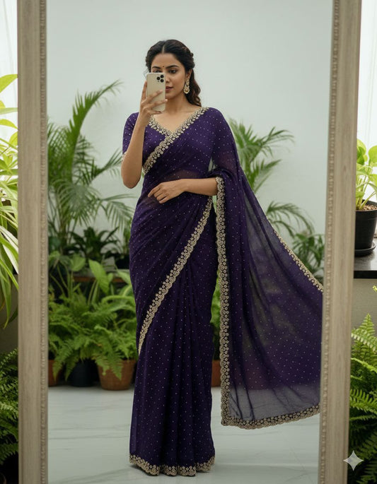 Midnight Purple Rangoli Saree with Heavy Swarvoski Embellishments