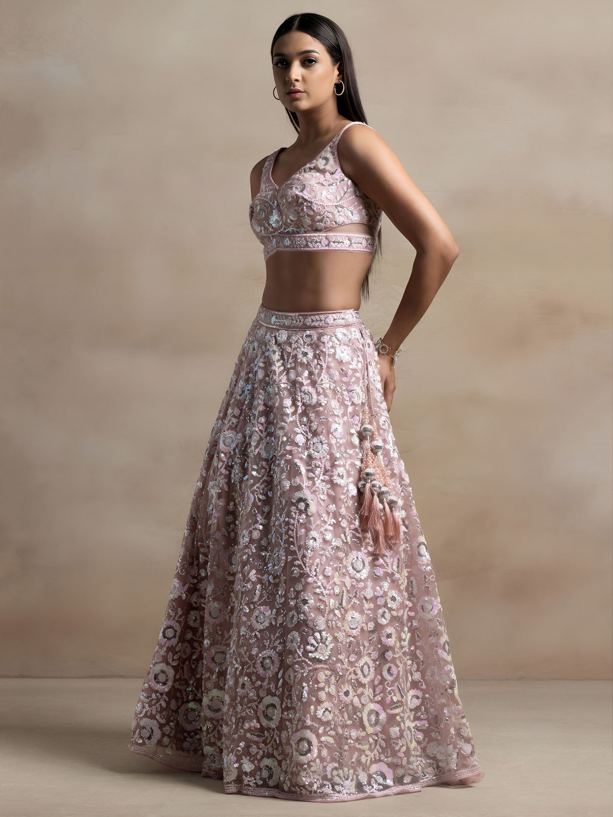 Soft Pink Floral Sequins Embroidered Lehenga Choli