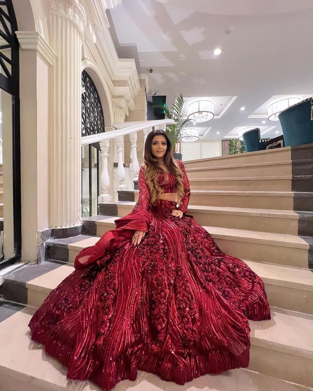 Glittering Red Bling Premium Net Lehanga