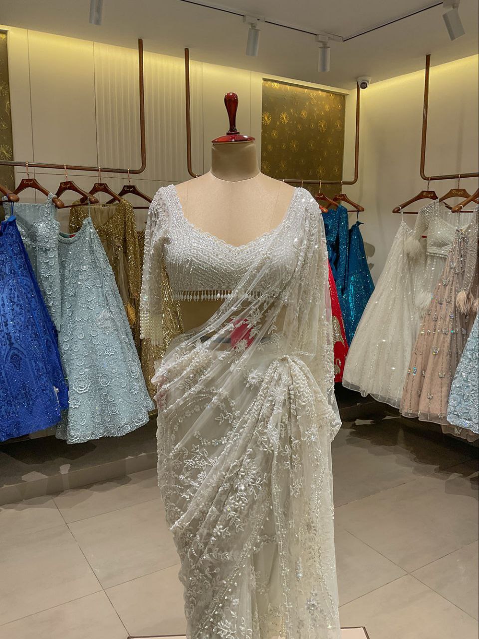 Beautiful Summertime Pearl Sequins Work White Saree