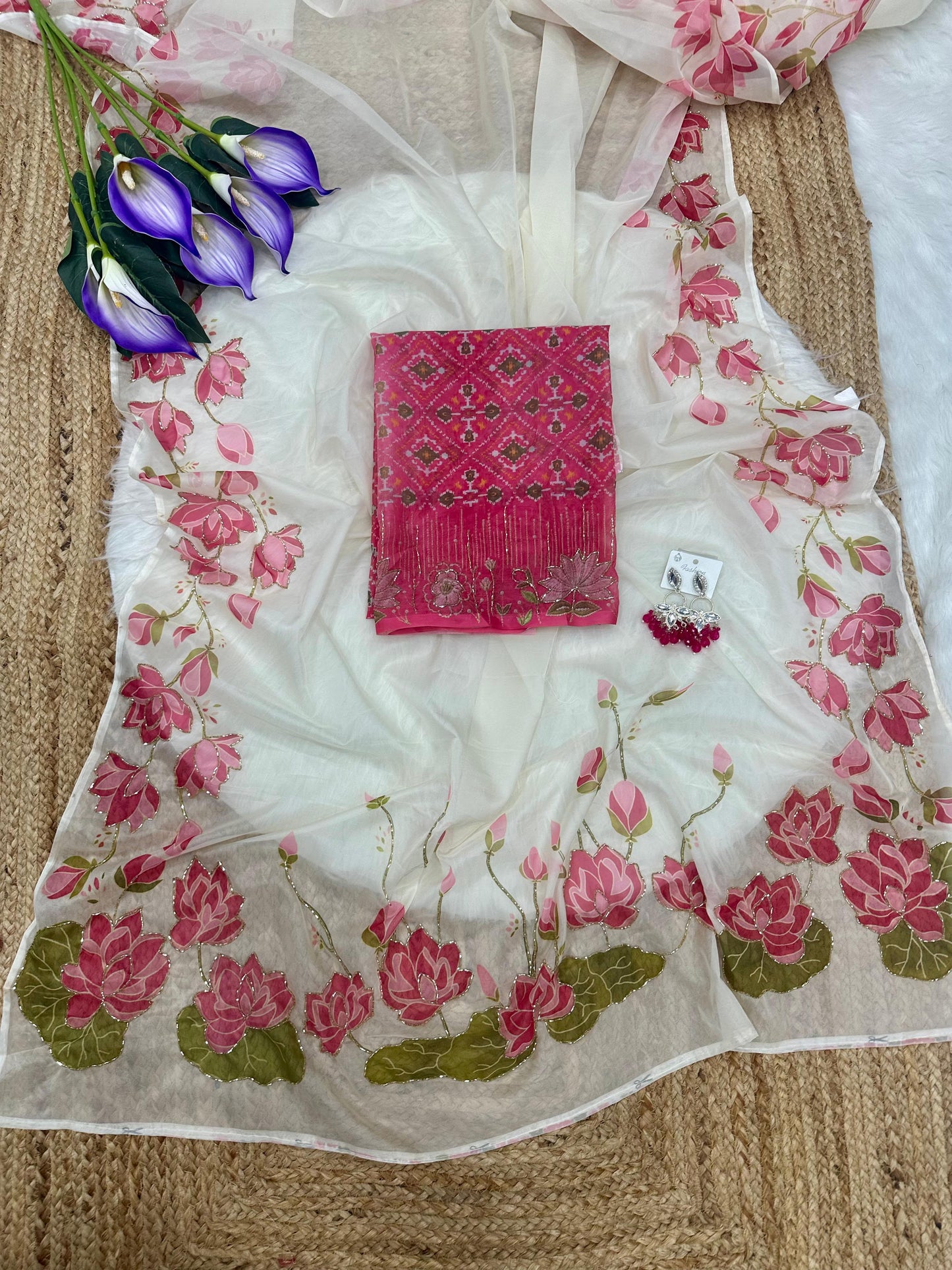 White Floral Pink Tabby Silk HandWork Saree