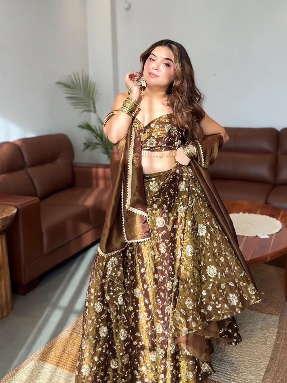 Dark Gold Elegant Bling Sequins Lehanga