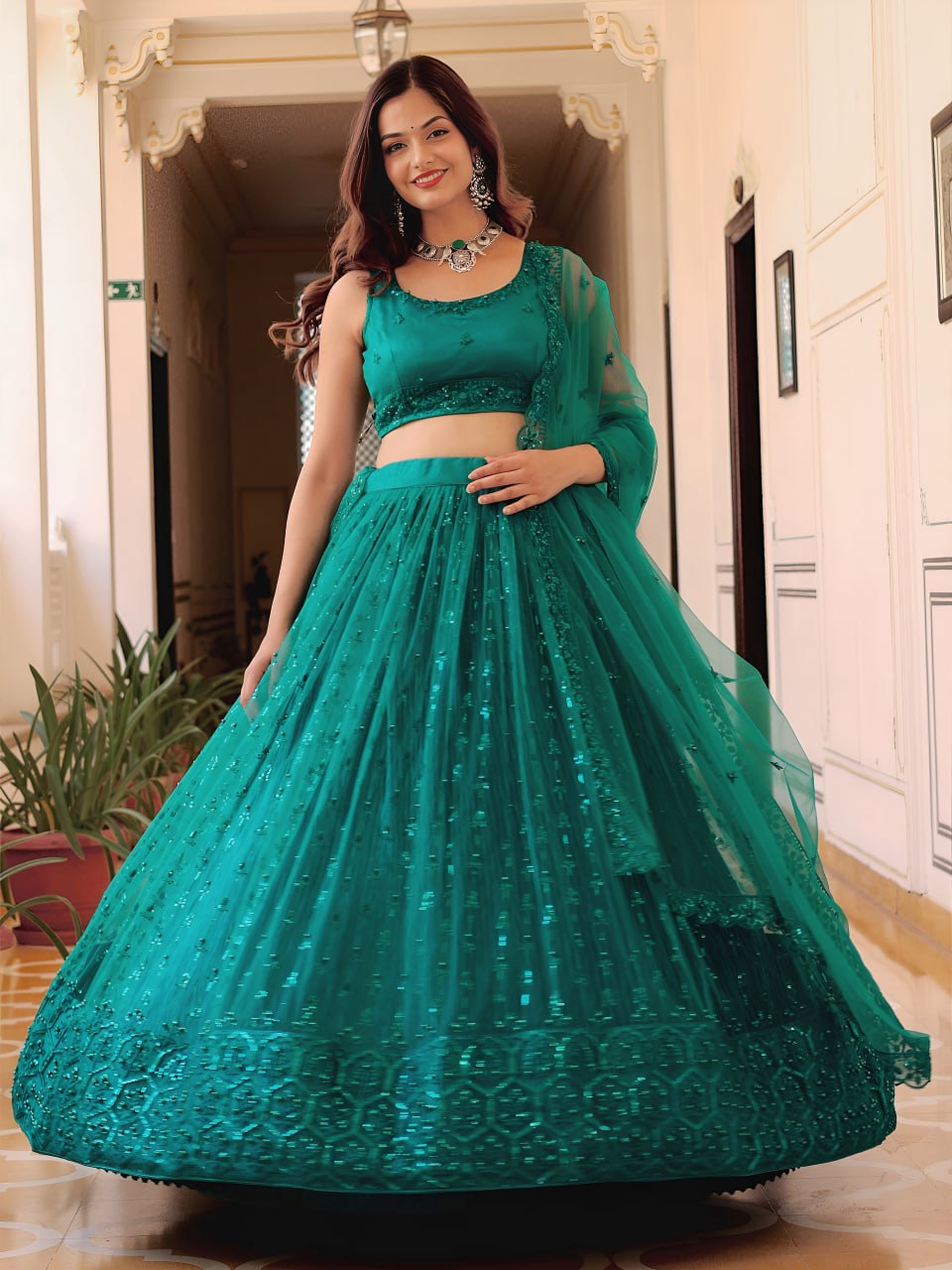 Teal Premium Soft Net Inricate Work Lehanga