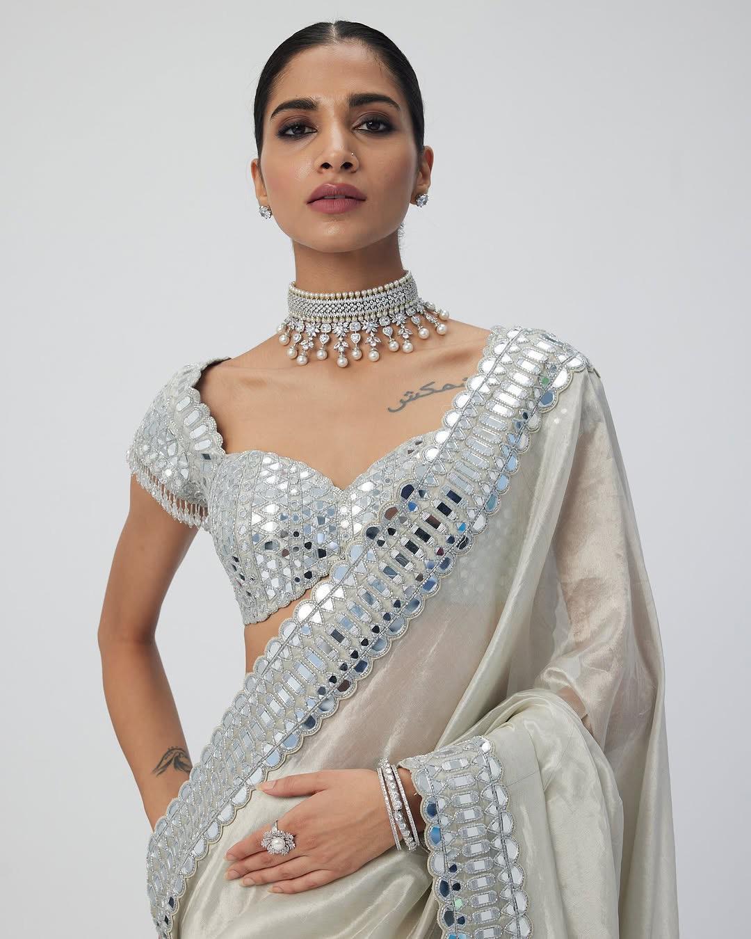 Ananya Mirror White Saree With Stitched Blouse