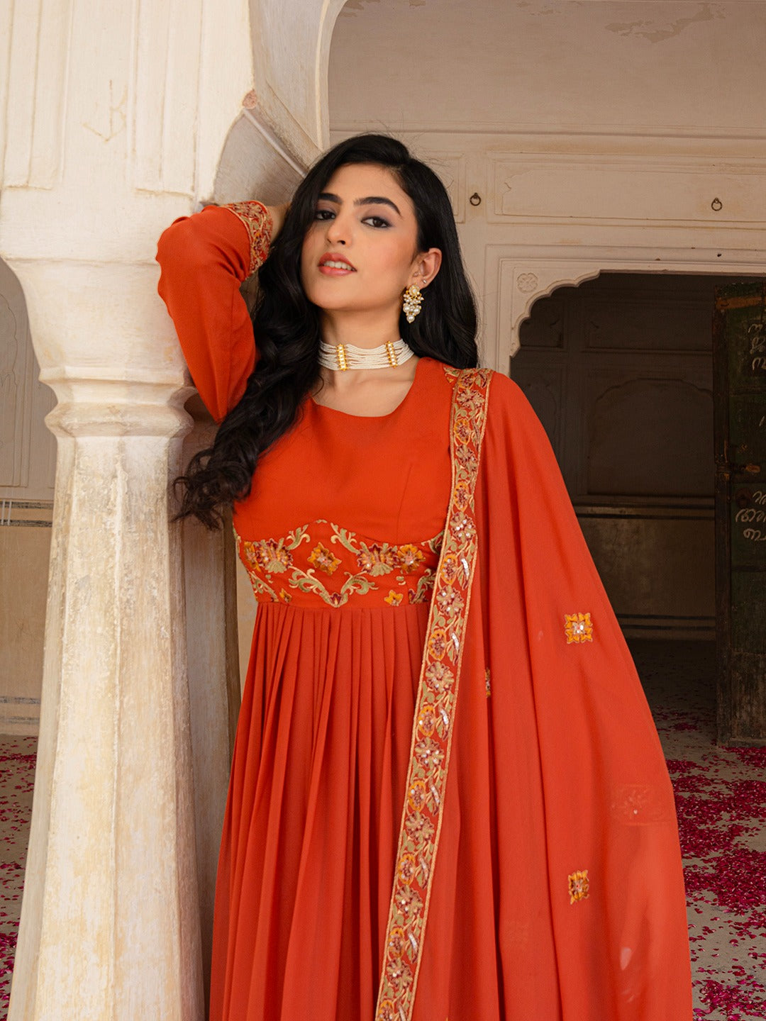 Red Hot Gown Dupatta Set - Ready To Wear