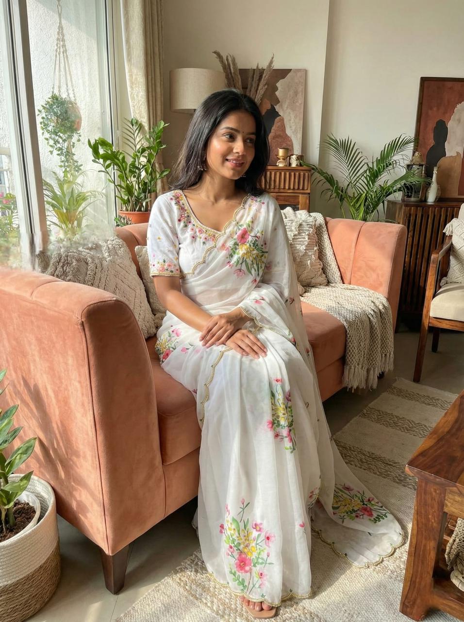 RICH CELEBRITY STYLE HANDWORK SOFT TABI FLOWER PRINT ORGANZA SAREE