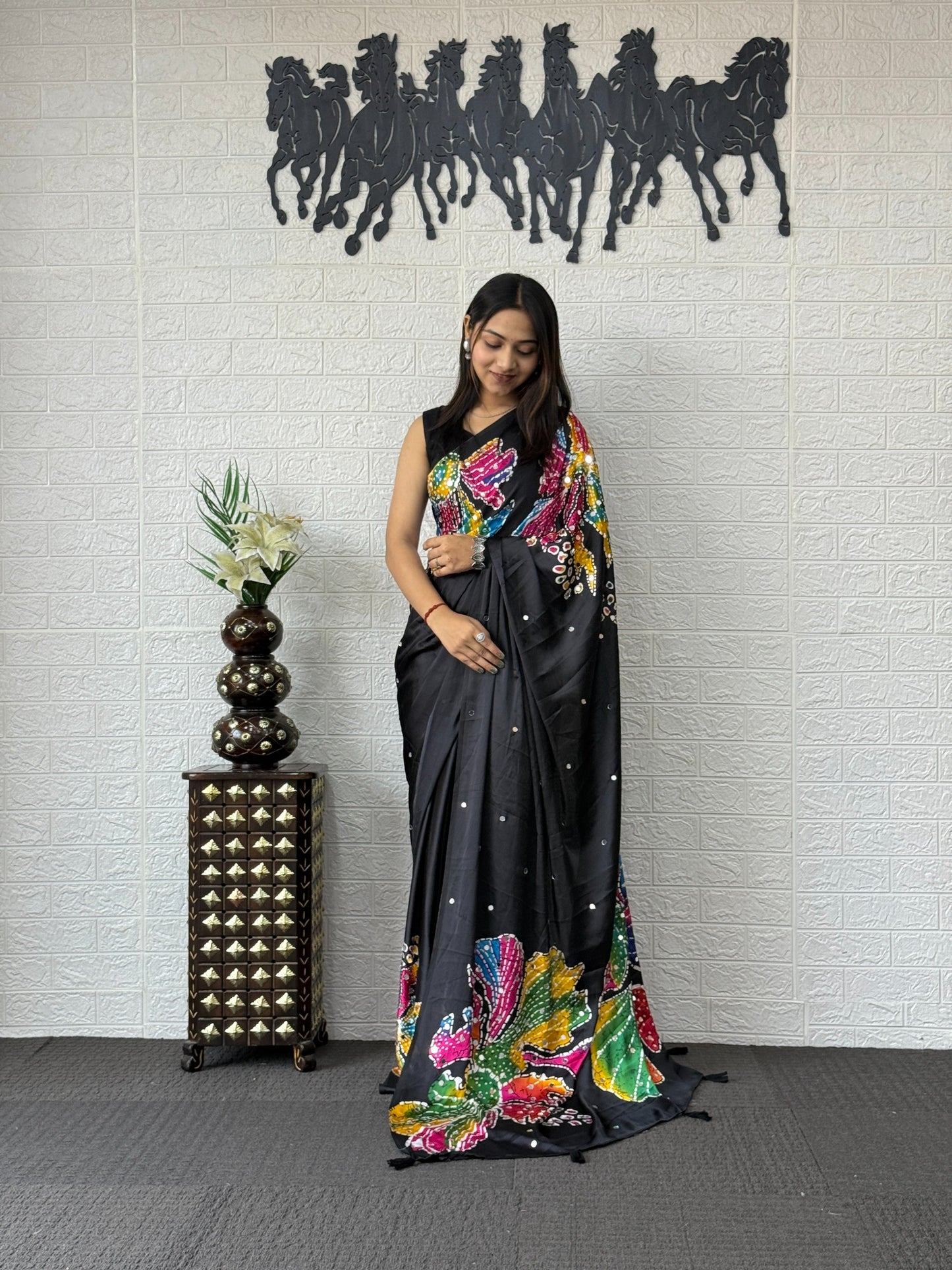Stylish Bling Party Wear Mirror Work Saree
