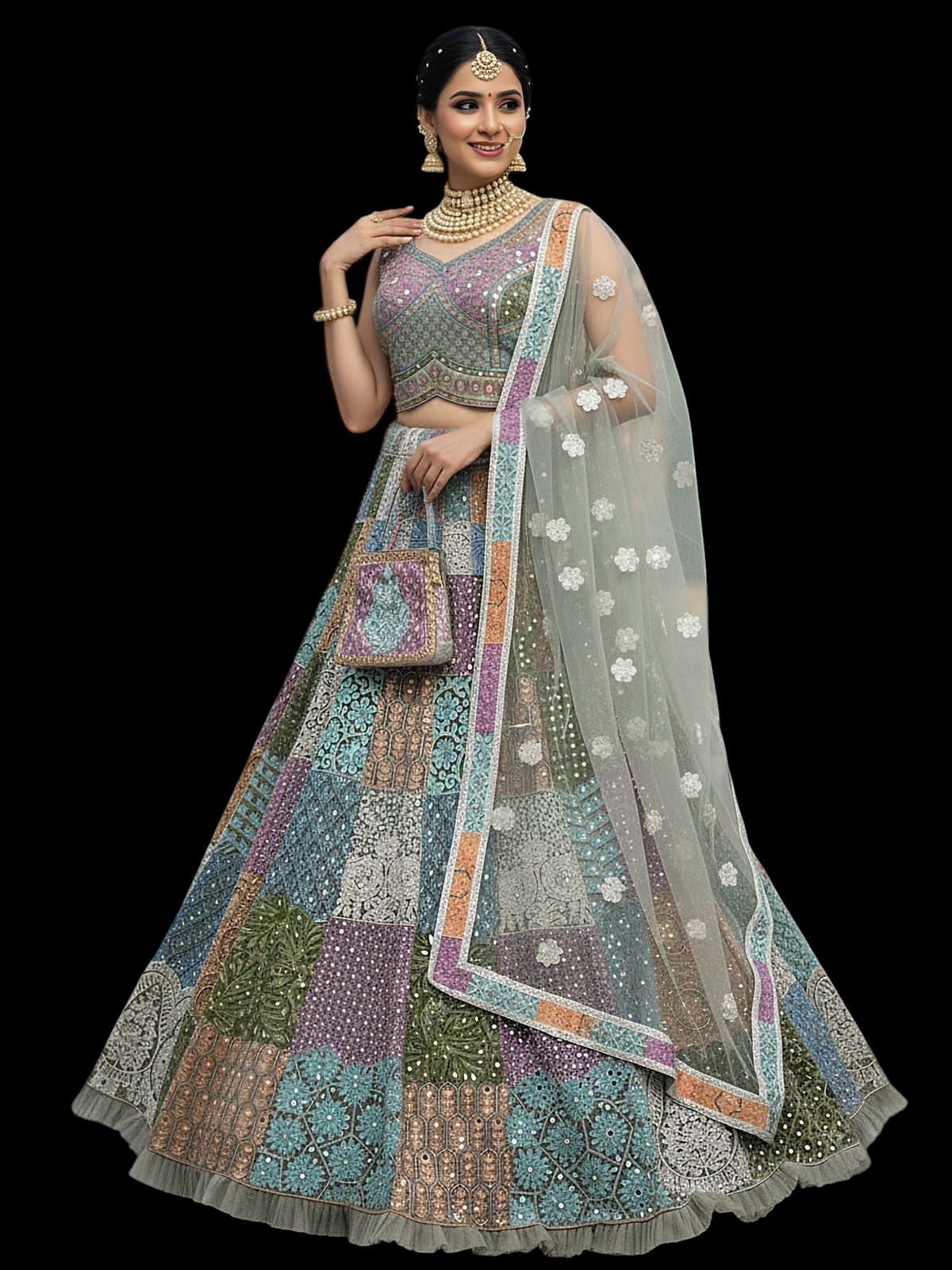 Handworked Designer Made Full Flaired Chain Embroidery with Real Mirror work Designer Lehenga Choli