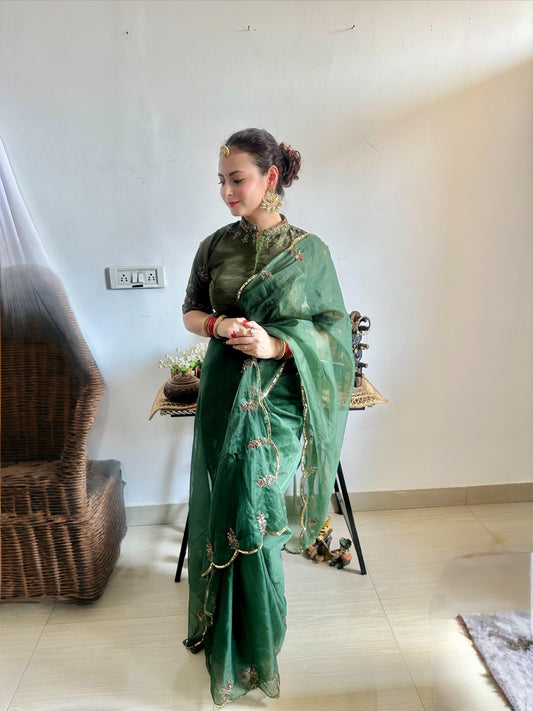 Evergreen Green Premium Organza Saree