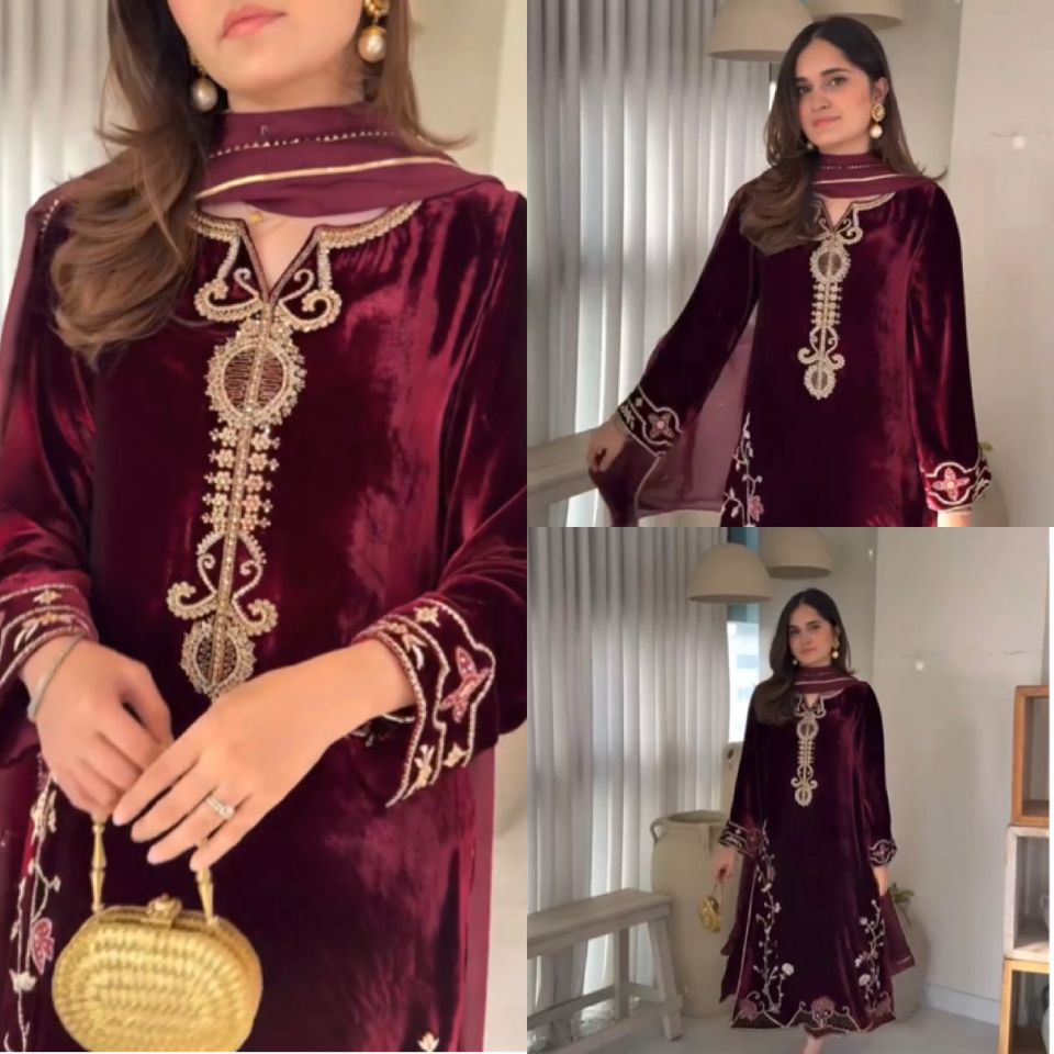 Maroon Velvet Awesome Ready To Wear Suit Set