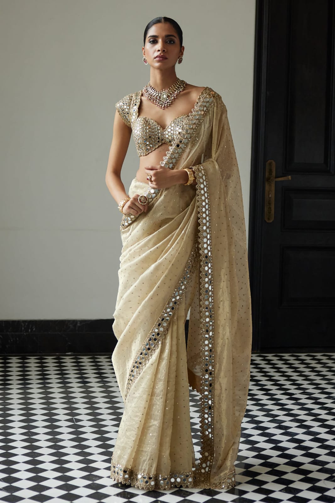 Mirror Work Premium Organza Saree with stiched blouse