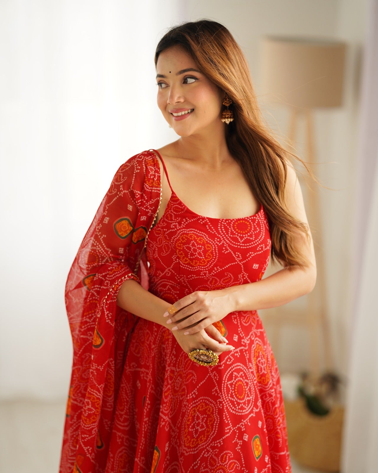 Red Rubrik Stylish Pure Soft Light Weight Chiffon Bandhej