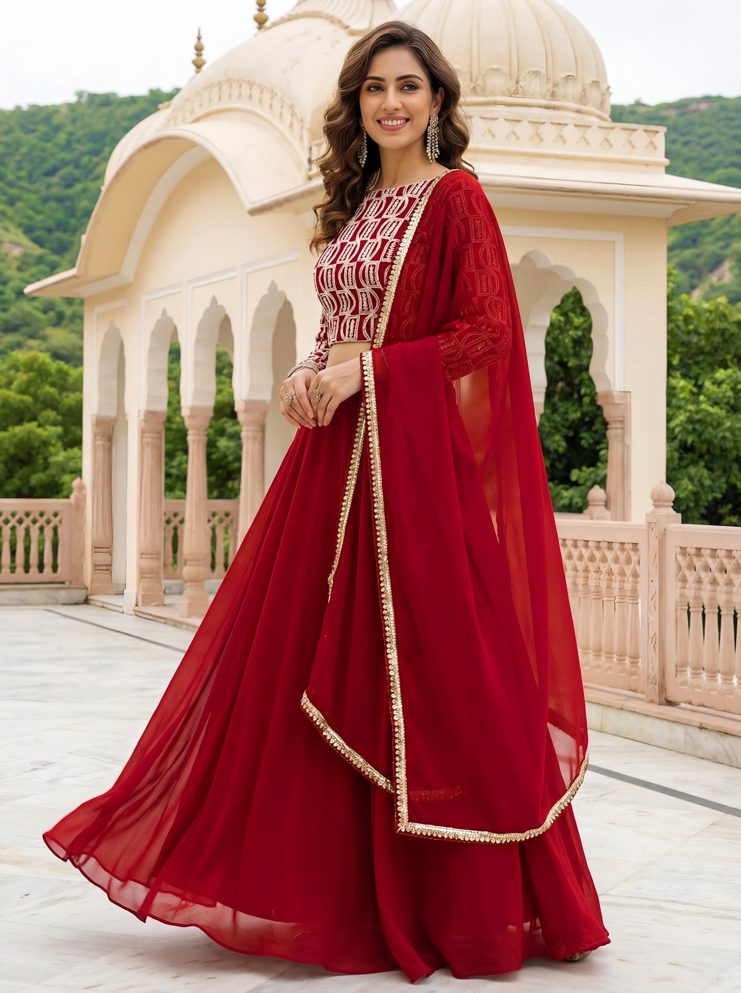 Rosy Red Embroidered Georgette Lehenga Set