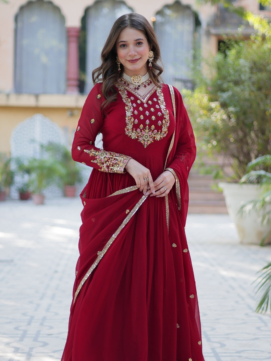 Maroon Georgette Premium Designer Gown Dupatta Set