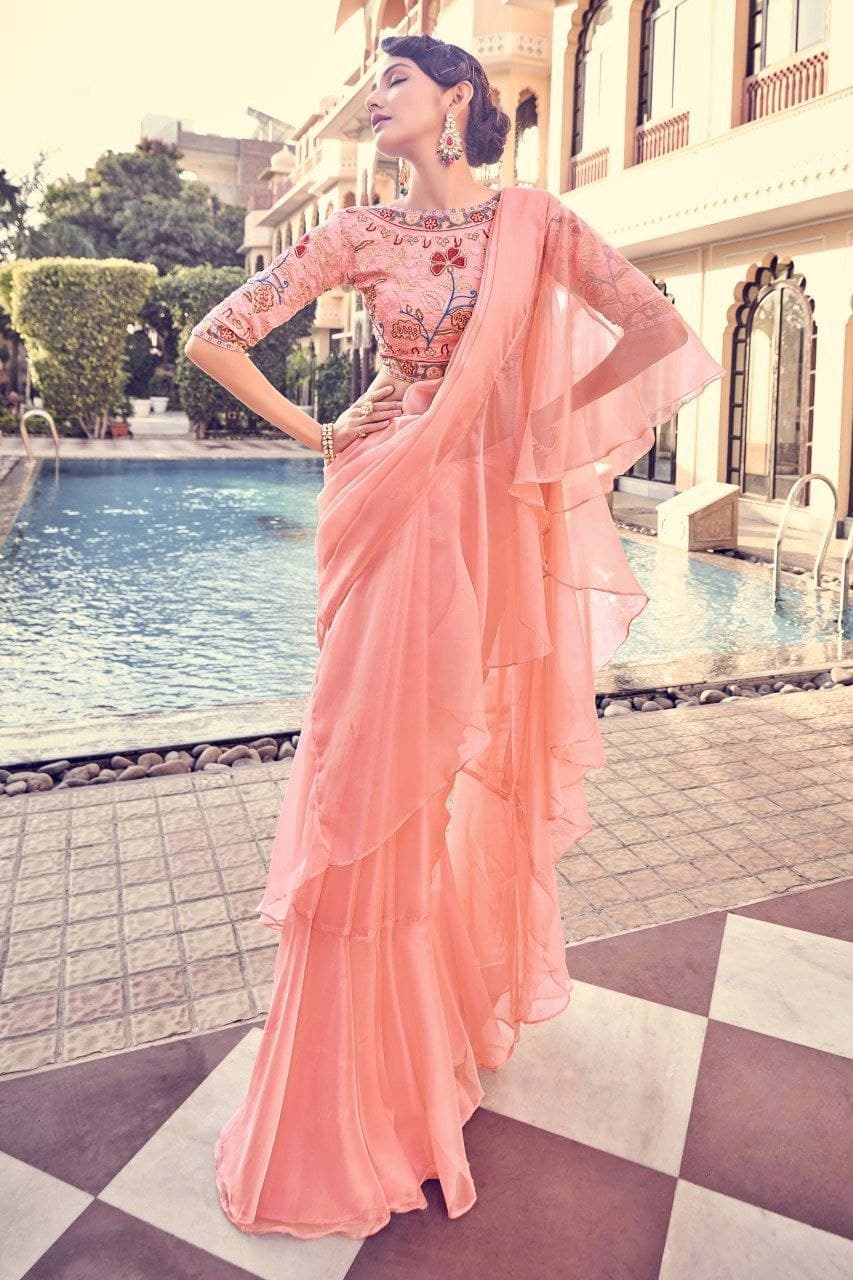 Peach Pink Organza Thread Zari Sequins Worked Saree