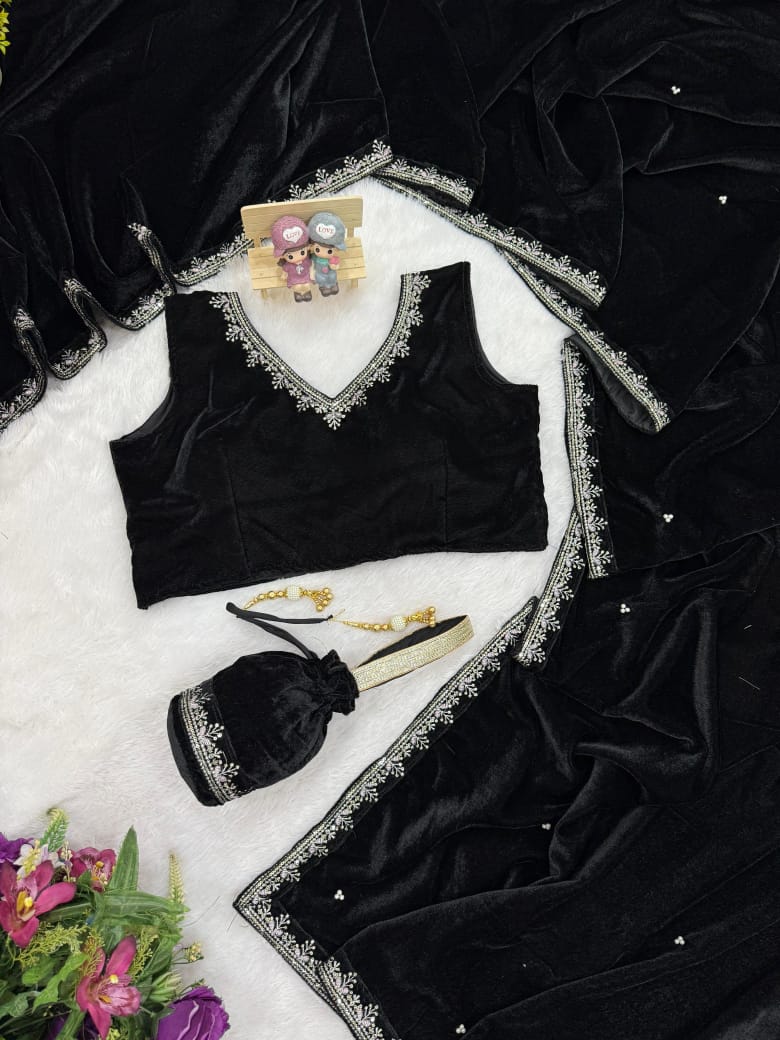 Superhit Premium Velvet Saree With Stiched Blouse