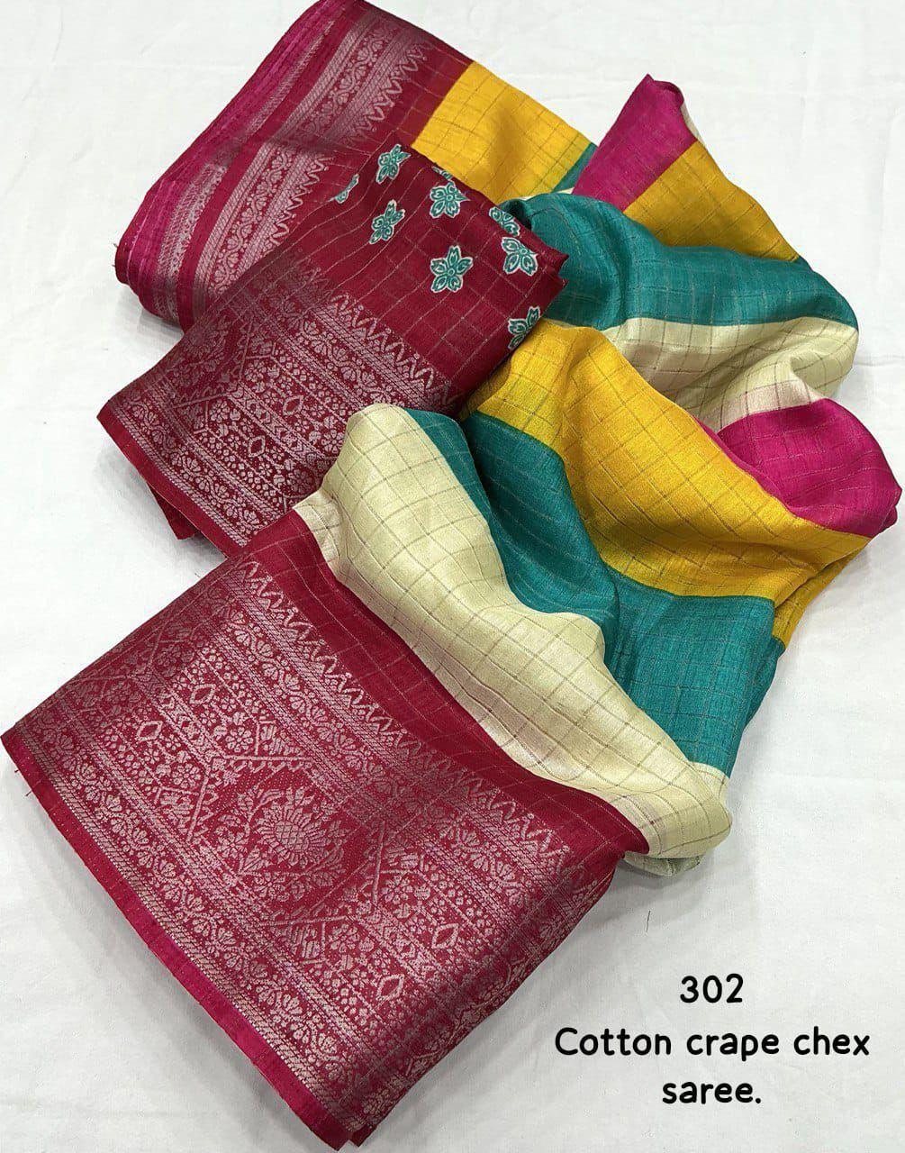 Colorful Soft Cotton Crepe Vibrant Saree