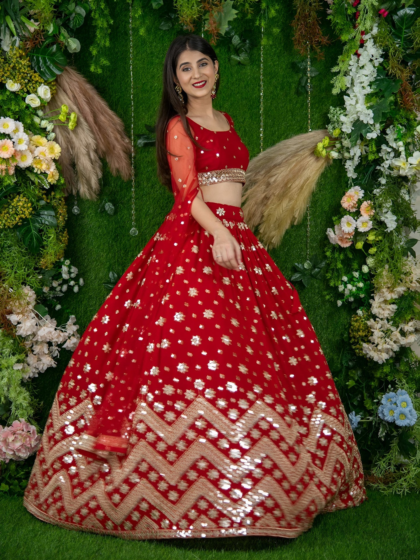 Red Sequins Embroidered Lehenga with Designer Blouse & Net Dupatta