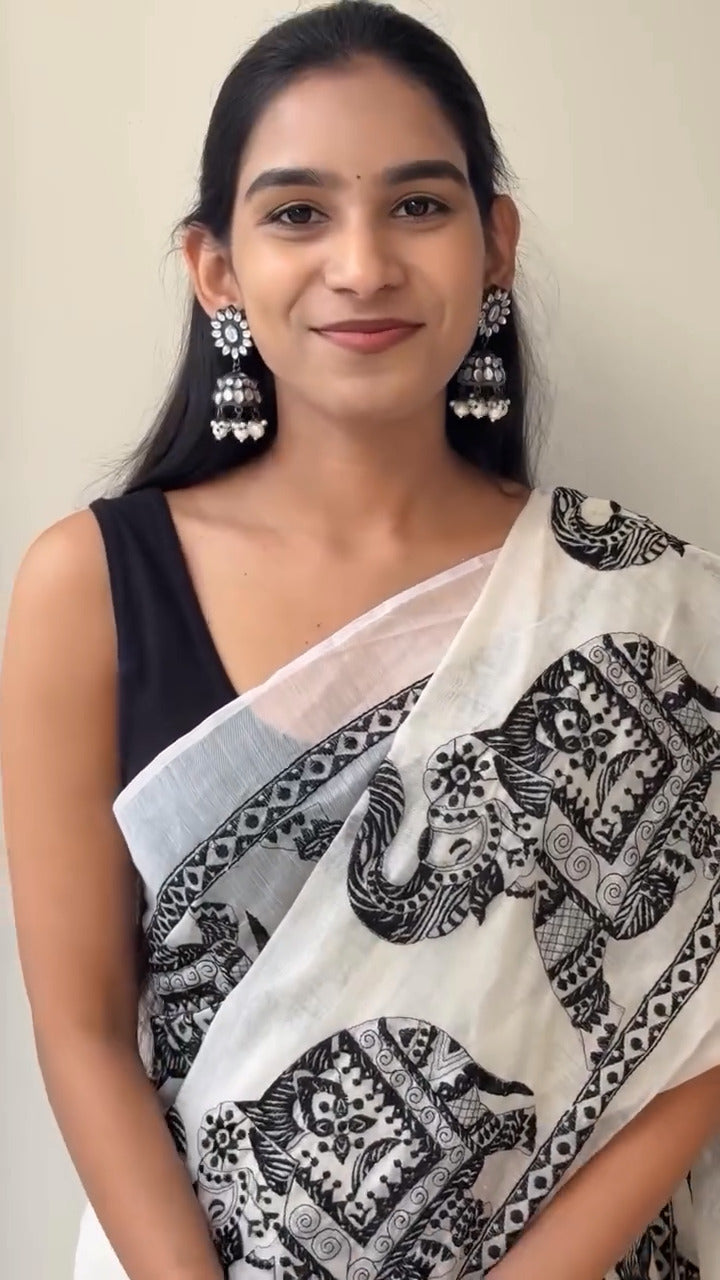 Light Weight Soft Cotton Black & White Combination Attractive Saree