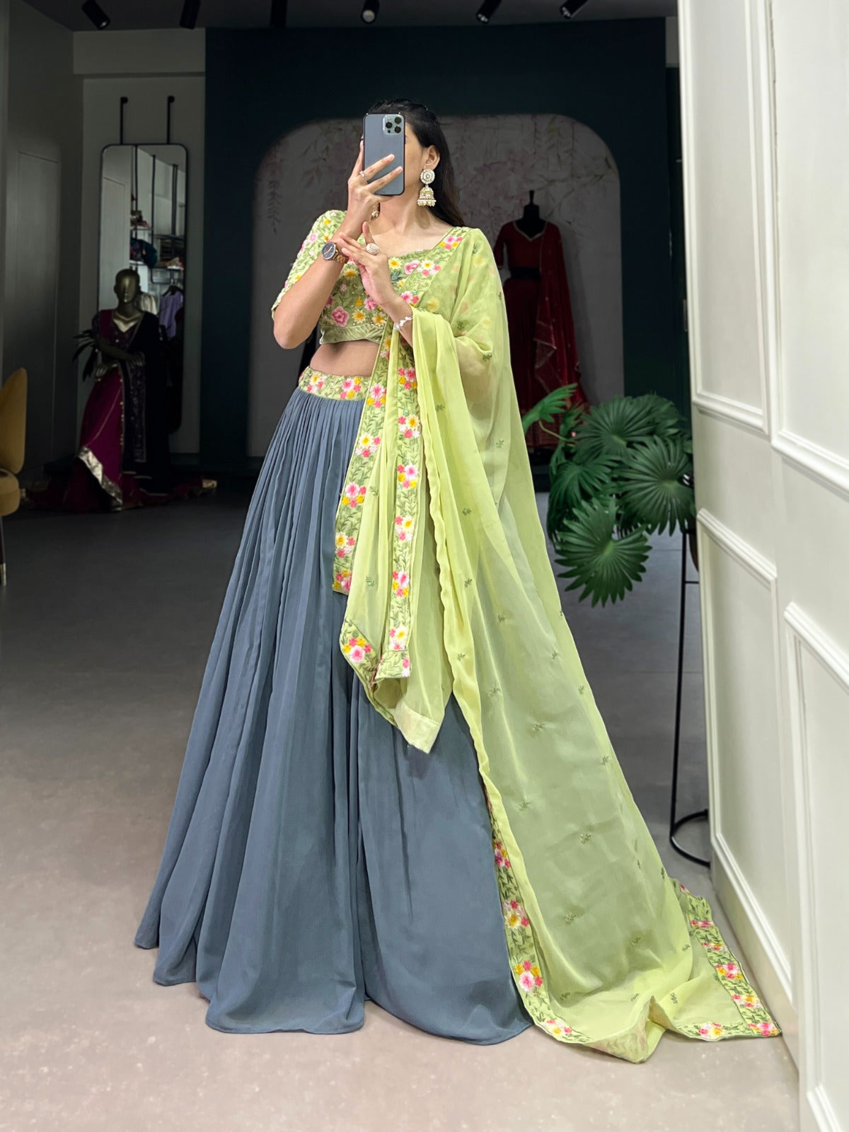 Radiate Soft Glamour in Gray and Pista Bridesmaid Attire