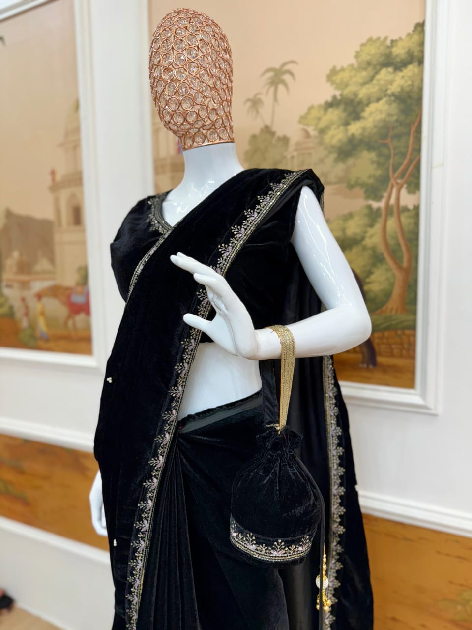 Superhit Premium Velvet Saree With Stiched Blouse