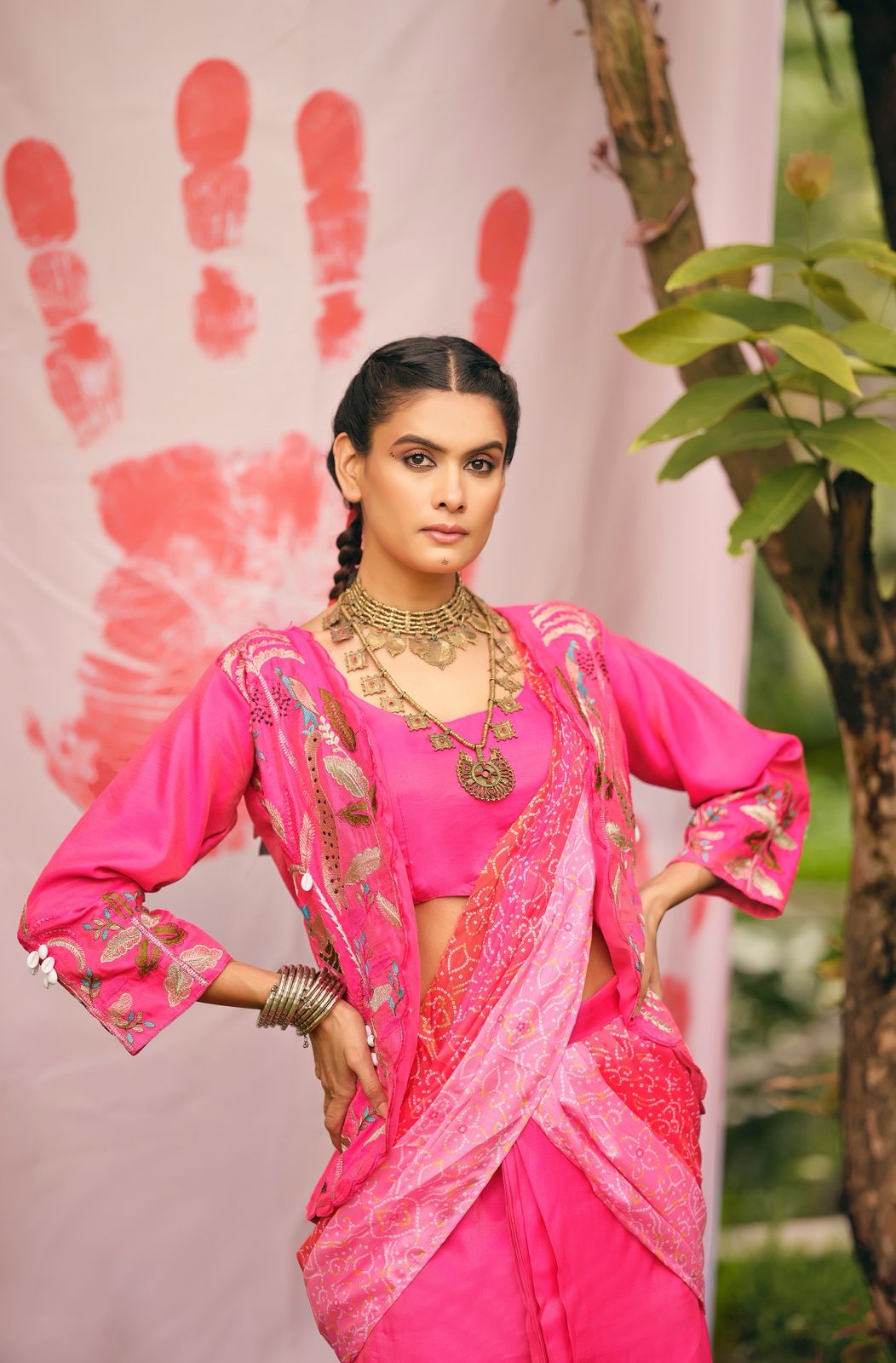 Indo Western Style Jacket Koti Drape Saree Set
