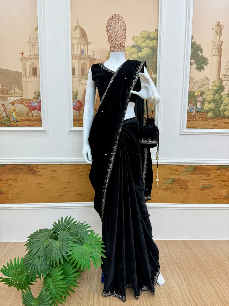 Superhit Premium Velvet Saree With Stiched Blouse