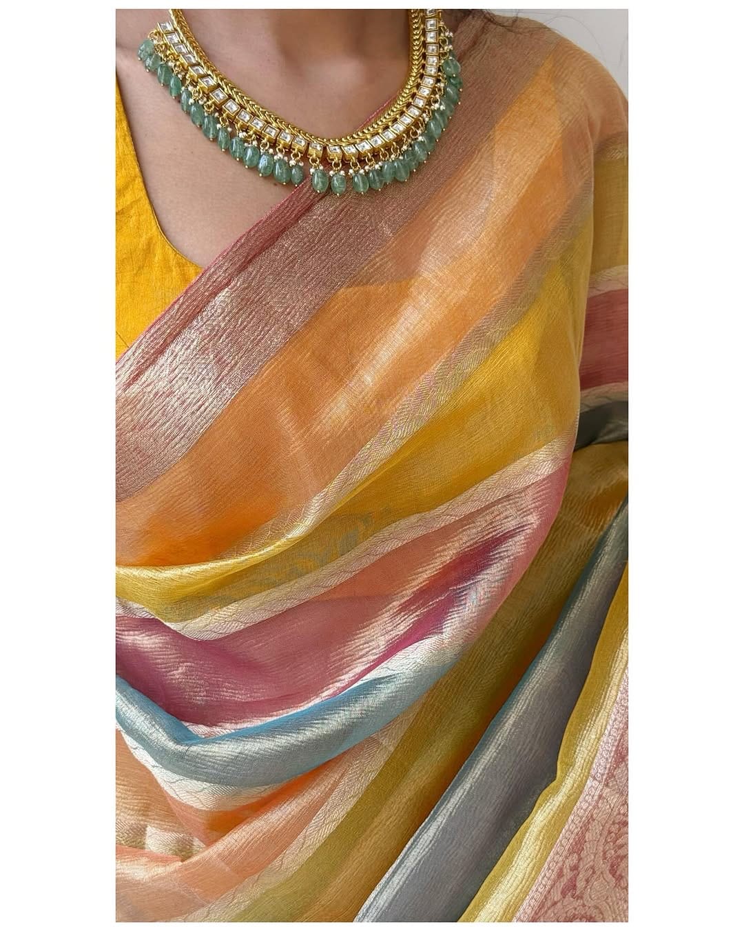 Pure Banarsi Tissue crush Multi Colors weaves shades and Heavy Tussles Saree