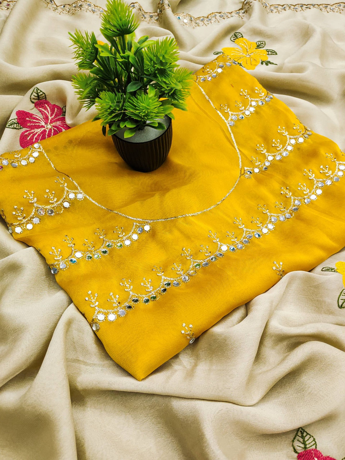 Premium Floral Embroidery Real Mirror Work Party Pastal Saree