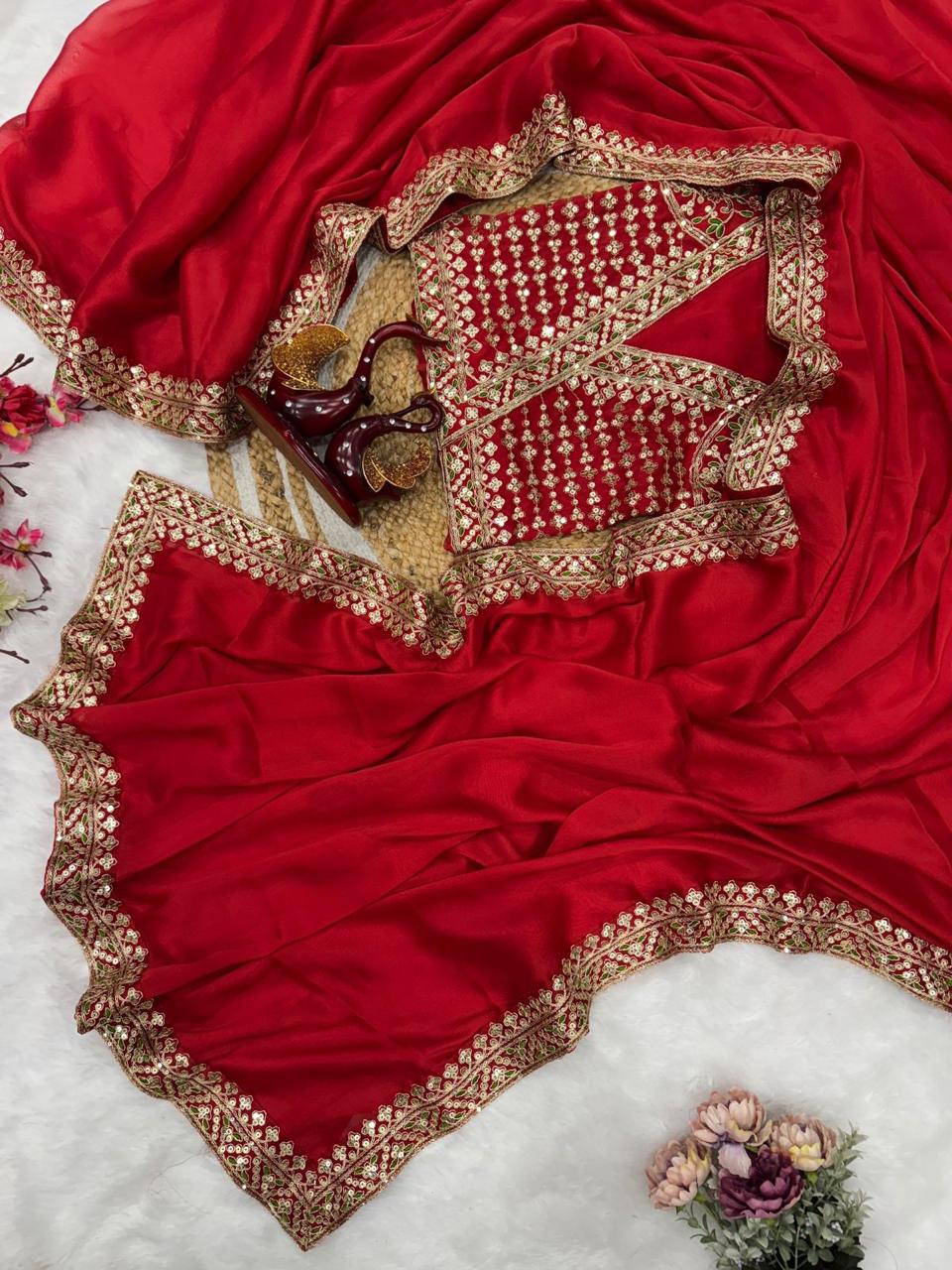 Impressive Red Sequins Premium Eye Catching Saree