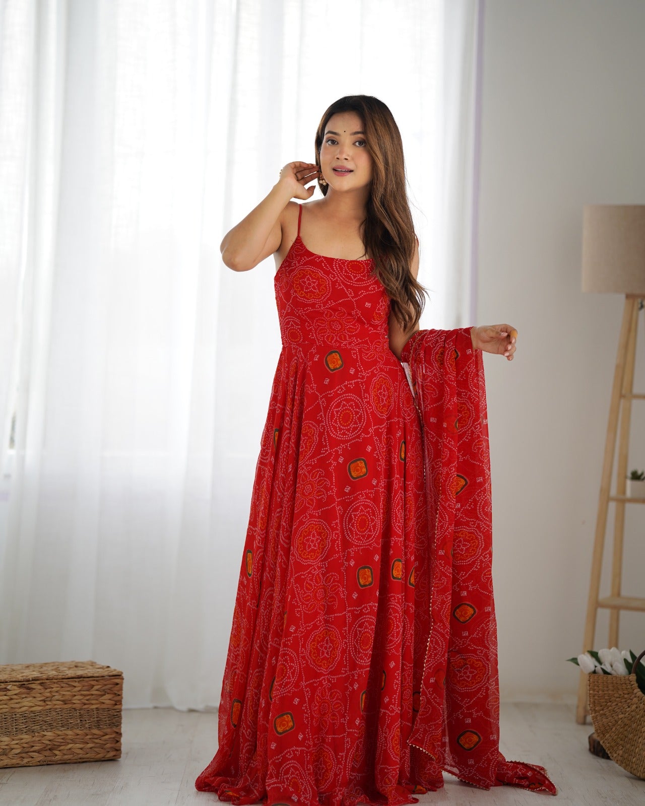 Red Rubrik Stylish Pure Soft Light Weight Chiffon Bandhej