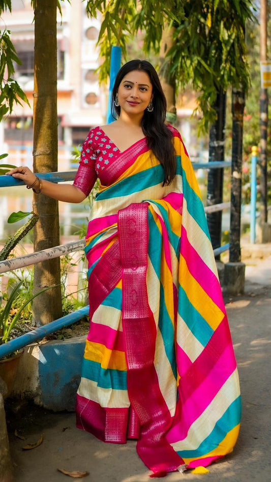 Colorful Soft Cotton Crepe Vibrant Saree
