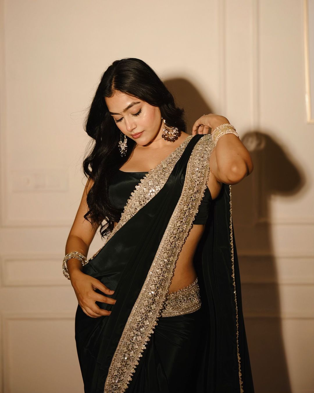 Royal Black Vichitra Silk Sequins Embroidered Saree