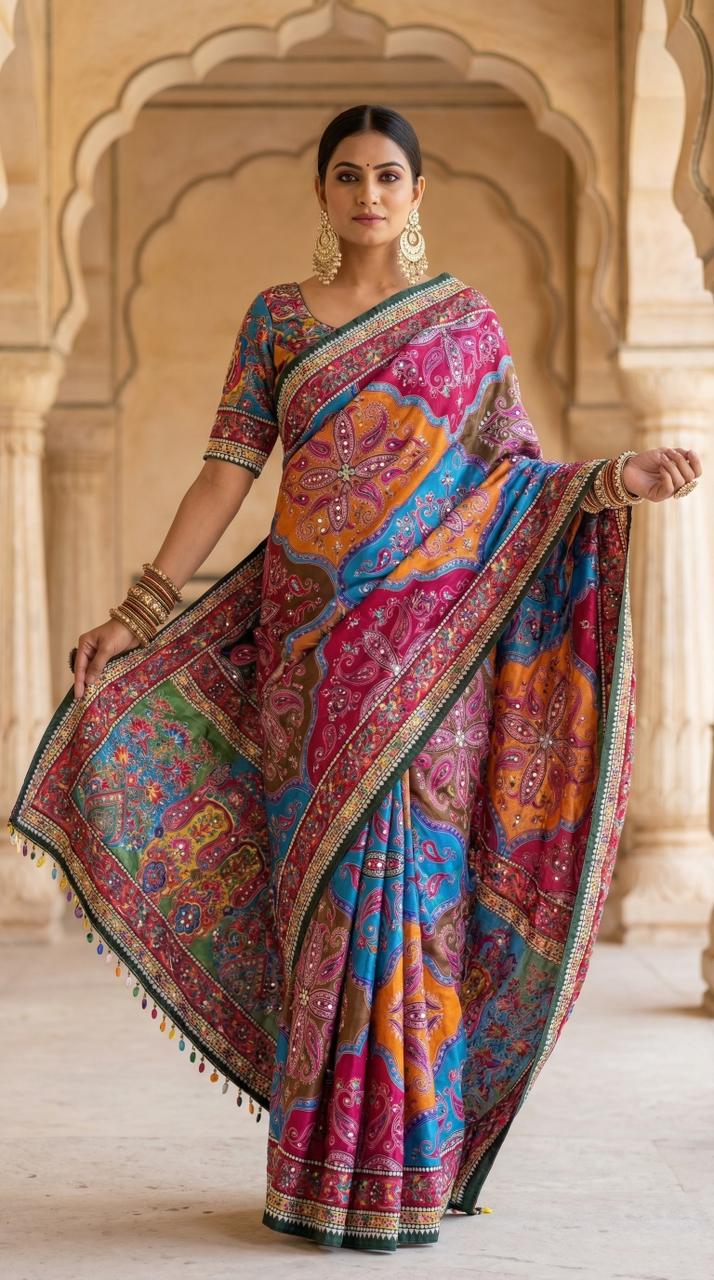 AJARAKH PREMIUM ROMAN SILK SAREE