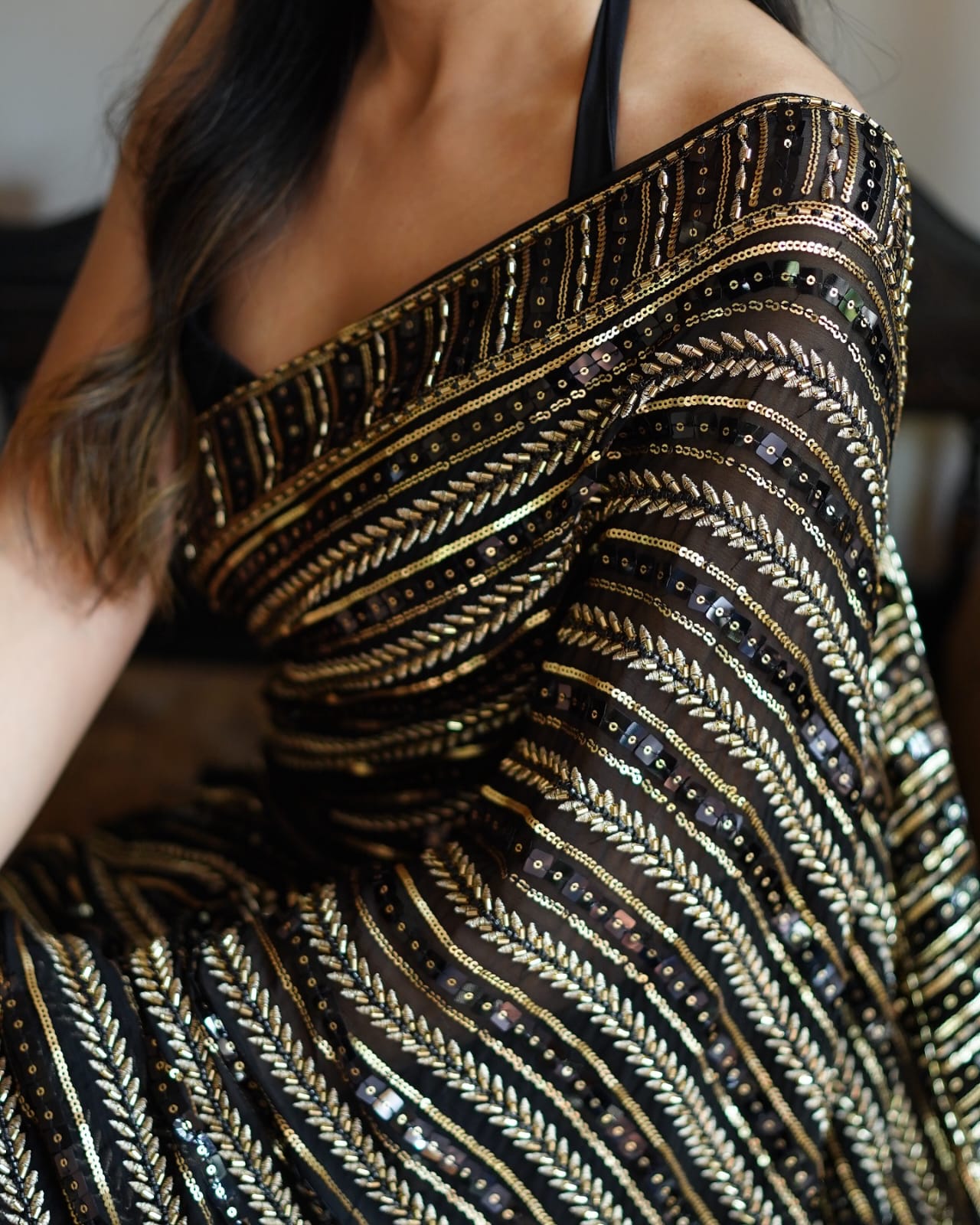 Beautiful Black Bling Striped Sequins Saree