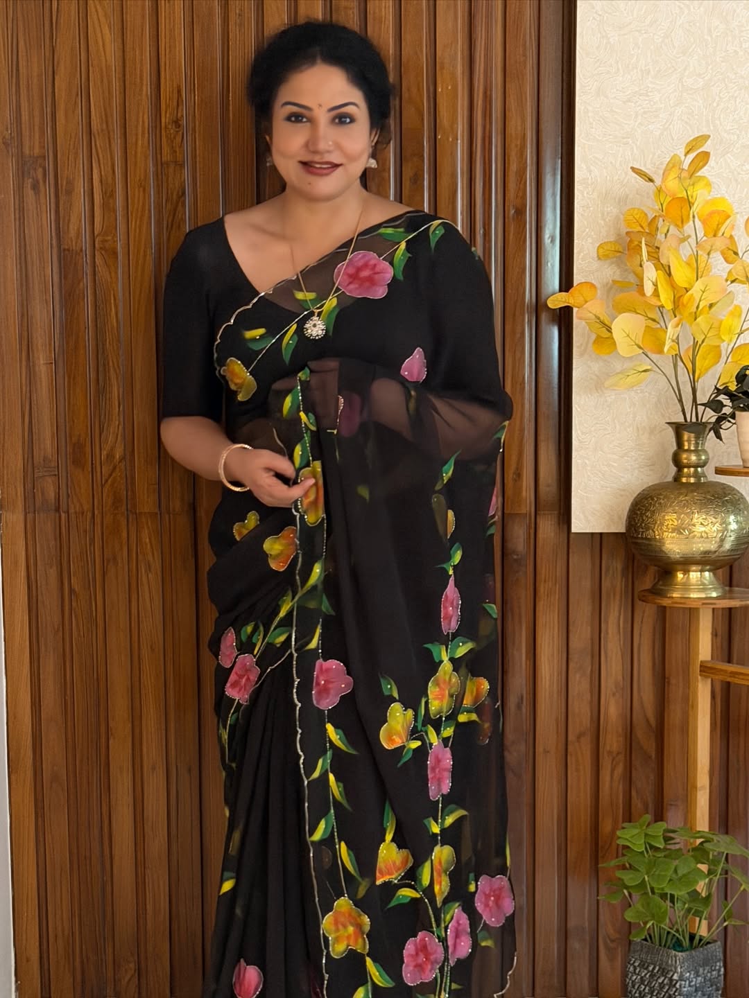 Hand Painted Black Floral Saree