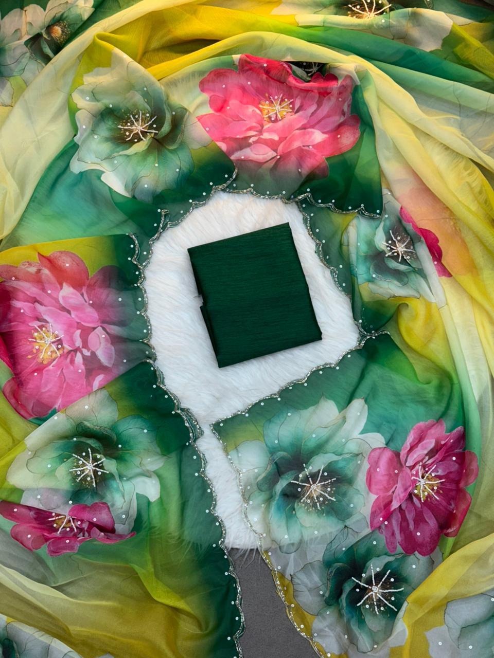 Floral Green Premium Organza Saree