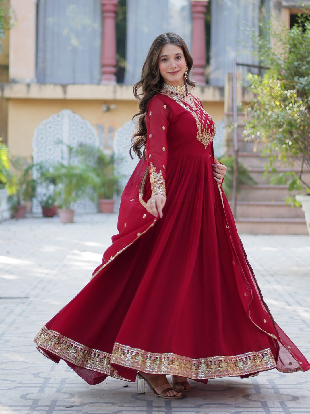 Maroon Georgette Premium Designer Gown Dupatta Set