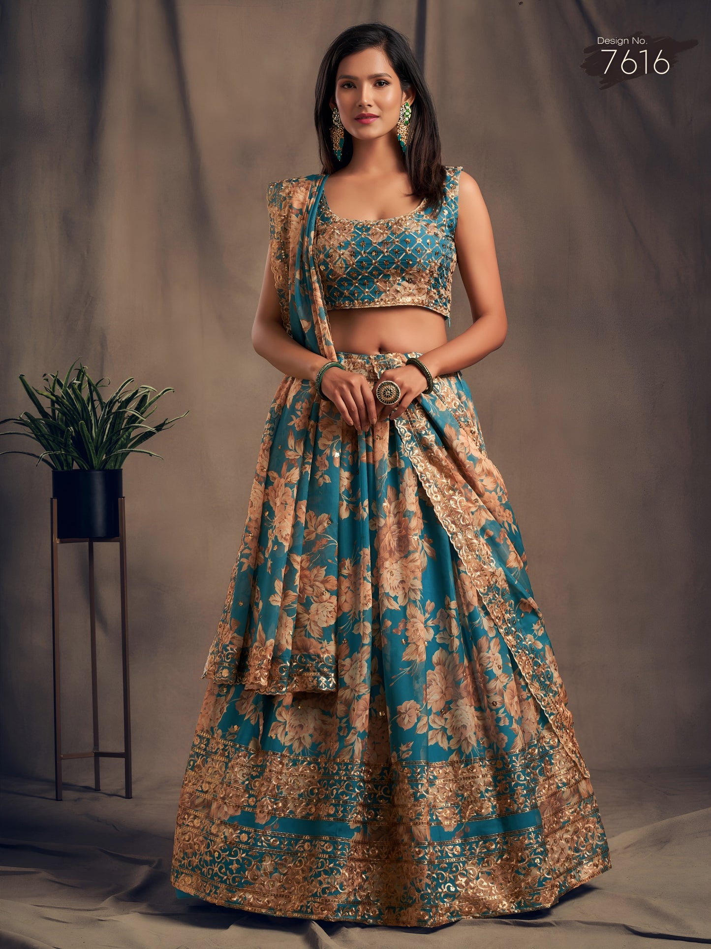 Teal Blue Floral Designer Lehanga Set