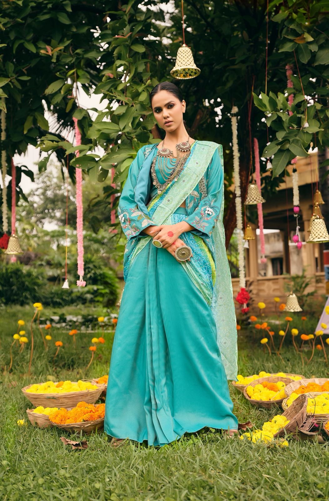 Indo Western Style Jacket Koti Drape Saree Set