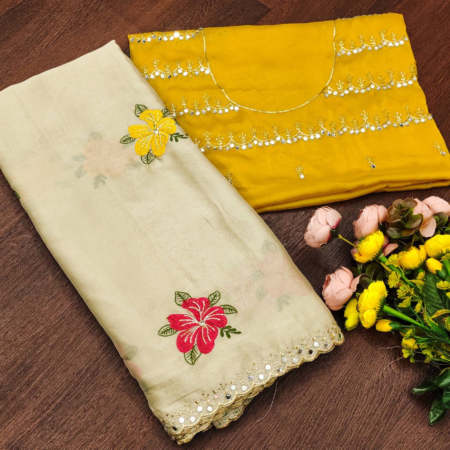 Premium Floral Embroidery Real Mirror Work Party Pastal Saree